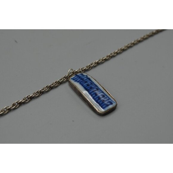 Blue & White Bar Pendant Rope Chain Necklace Sterling Silver 15.5" Chinese Asian - Picture 4 of 11